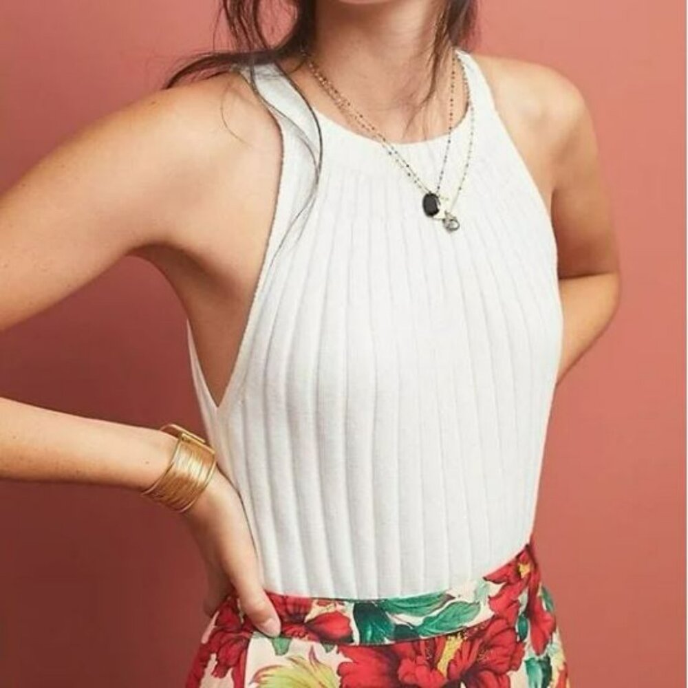 Anthropologie | Zadkine White Ribbed High Neck Knit Sweater Tank | Size Large
